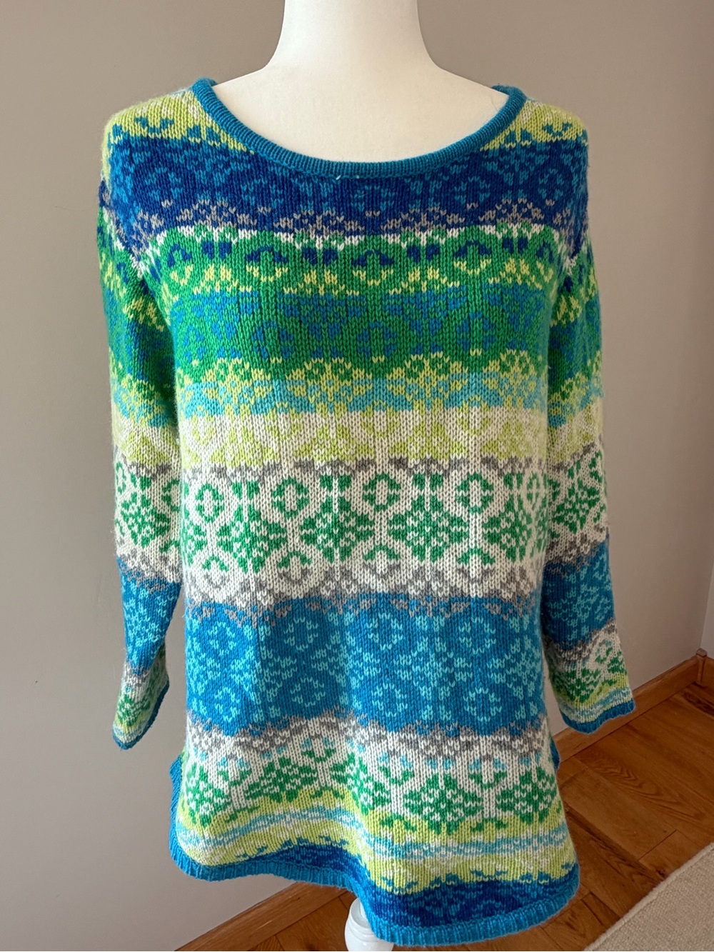 J Jill Fair Isle Wool Blend Blue Green Knit Sweater. Women’s Medium Petite